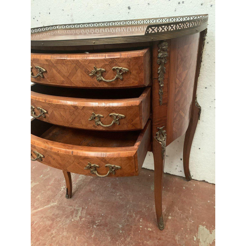 A Louis XV style half-moon commode on legs, in marquetry with a cube background, 20th century