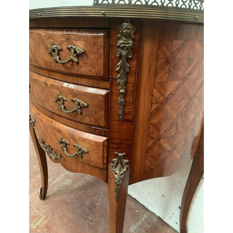 A Louis XV style half-moon commode on legs, in marquetry with a cube background, 20th century