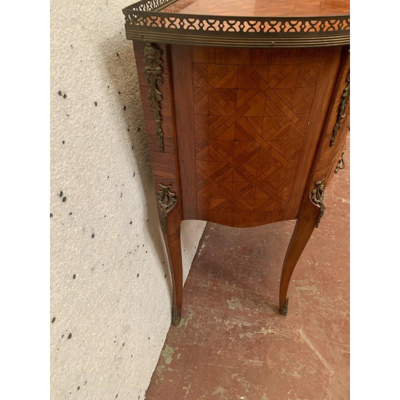 A Louis XV style half-moon commode on legs, in marquetry with a cube background, 20th century