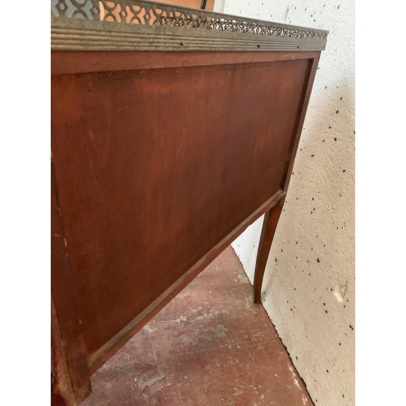 A Louis XV style half-moon commode on legs, in marquetry with a cube background, 20th century