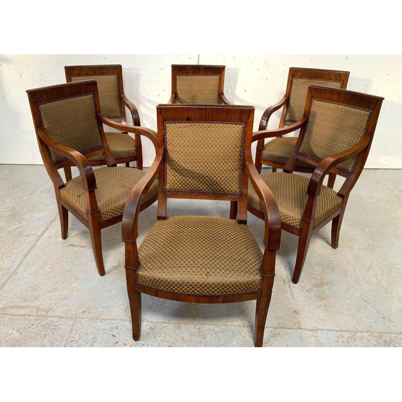 Set van zes mahoniehouten fauteuils in restauratiestijl, 19e eeuw