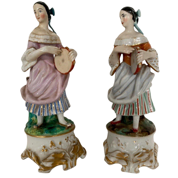 Pair of tulip vases depicting "Young Women with Tambourines" in polychrome porcelain, 20th century