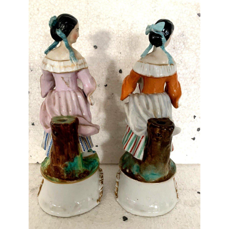 Pair of tulip vases depicting "Young Women with Tambourines" in polychrome porcelain, 20th century