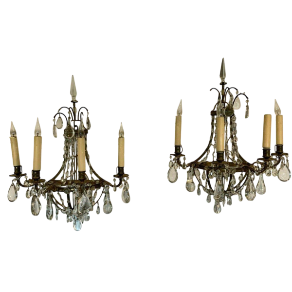 Pair of basket-shaped wall sconces, in bronze and with crystal drops, 20th century