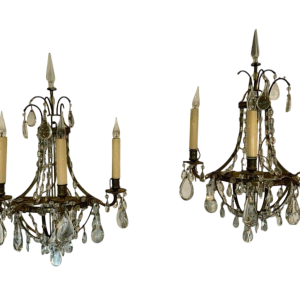 Pair of basket-shaped wall sconces, in bronze and with crystal drops, 20th century