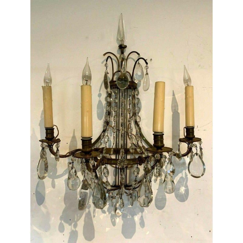 Pair of basket-shaped wall sconces, in bronze and with crystal drops, 20th century