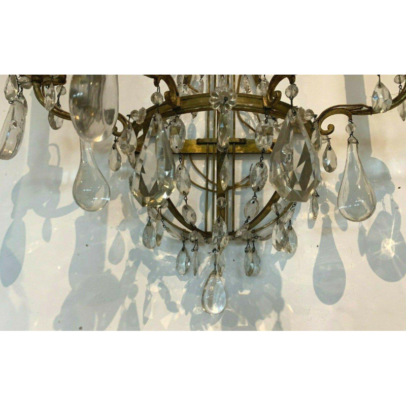 Pair of basket-shaped wall sconces, in bronze and with crystal drops, 20th century