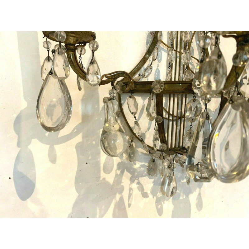 Pair of basket-shaped wall sconces, in bronze and with crystal drops, 20th century