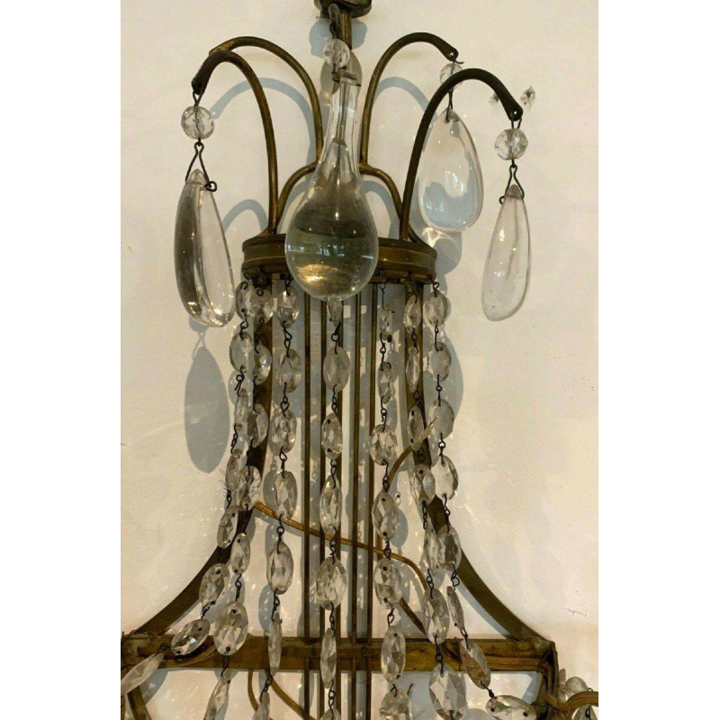 Pair of basket-shaped wall sconces, in bronze and with crystal drops, 20th century