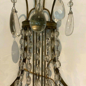 Pair of basket-shaped wall sconces, in bronze and with crystal drops, 20th century