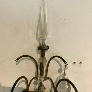 Pair of basket-shaped wall sconces, in bronze and with crystal drops, 20th century