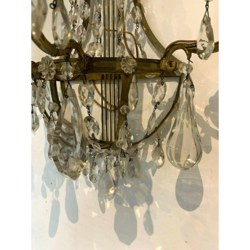 Pair of basket-shaped wall sconces, in bronze and with crystal drops, 20th century