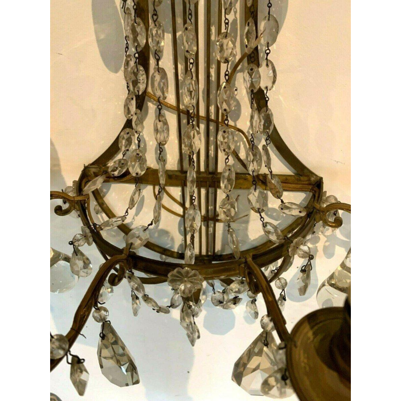 Pair of basket-shaped wall sconces, in bronze and with crystal drops, 20th century