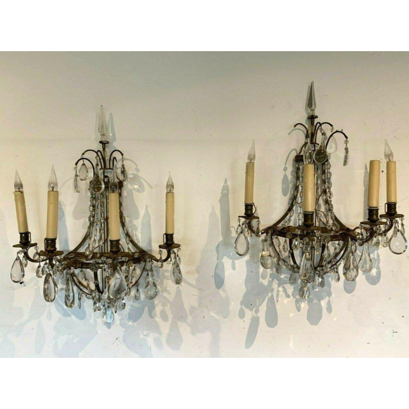 Pair of basket-shaped wall sconces, in bronze and with crystal drops, 20th century