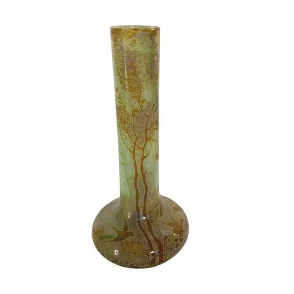 Vase soliflore en pâte de verre, décor d’oiseaux et de paysage, XX siècle