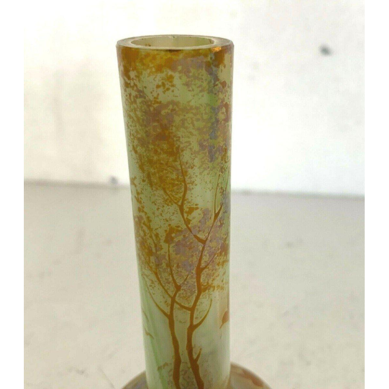 Vase soliflore en pâte de verre, décor d’oiseaux et de paysage, XX siècle