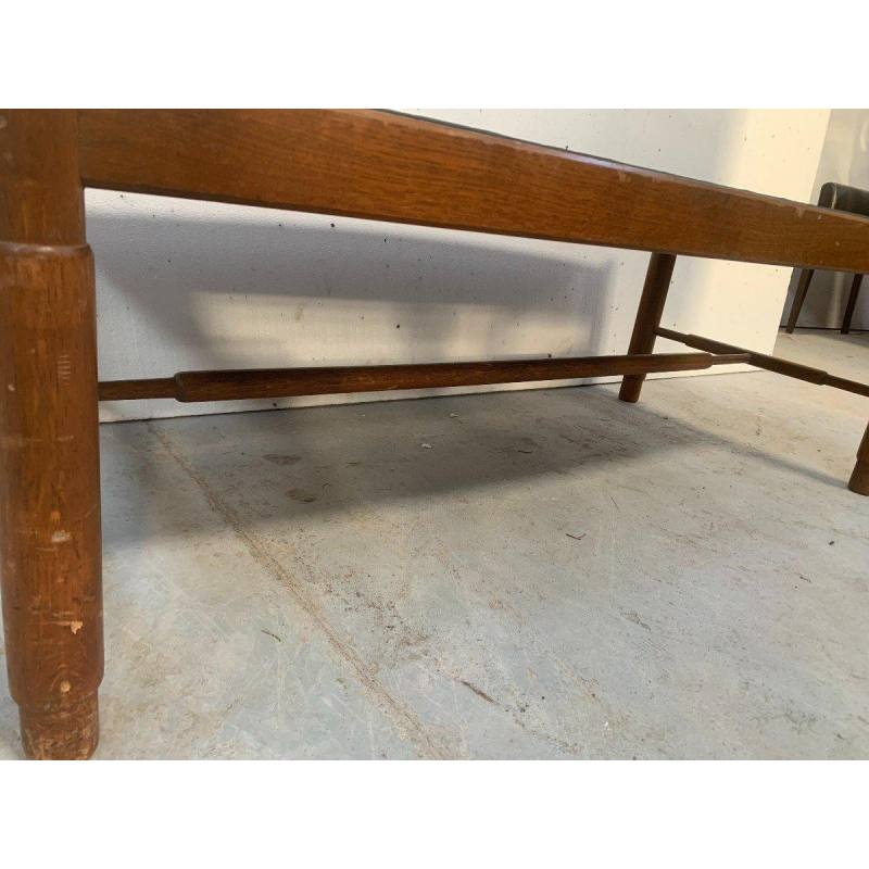 Table basse de salon en chêne, plateau d’ardoise, Design années 1970s