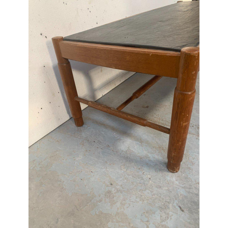 Table basse de salon en chêne, plateau d’ardoise, Design années 1970s