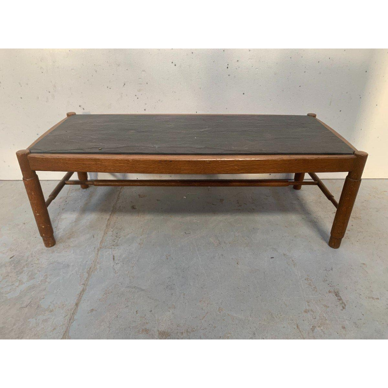 Table basse de salon en chêne, plateau d’ardoise, Design années 1970s