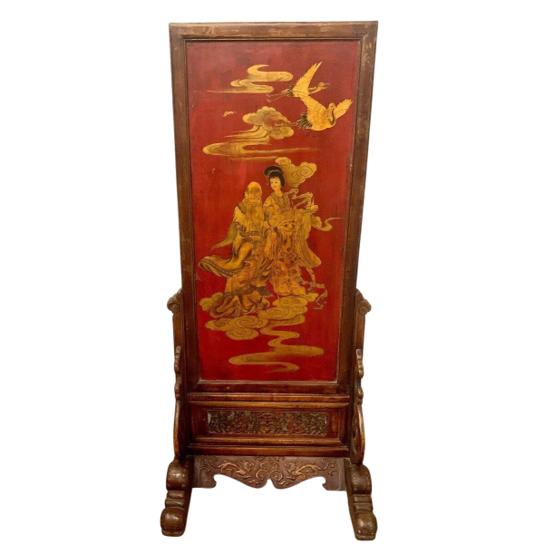 Paravent asiatique double face, bois sculpté panneau peint, décor de personnages chinois, XX siècle