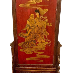 Double-sided Asian screen, carved wood and painted panel, decorated with Chinese figures, 20th century