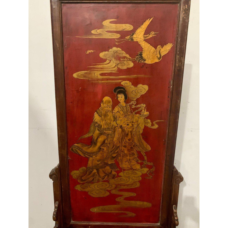 Paravent asiatique double face, bois sculpté panneau peint, décor de personnages chinois, XX siècle