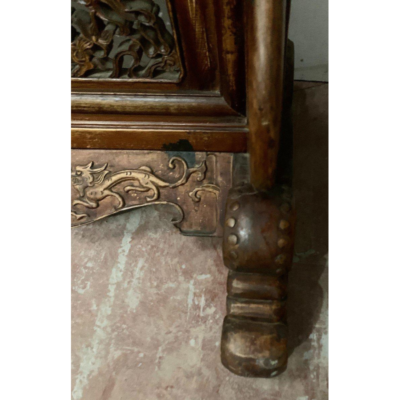 Paravent asiatique double face, bois sculpté panneau peint, décor de personnages chinois, XX siècle