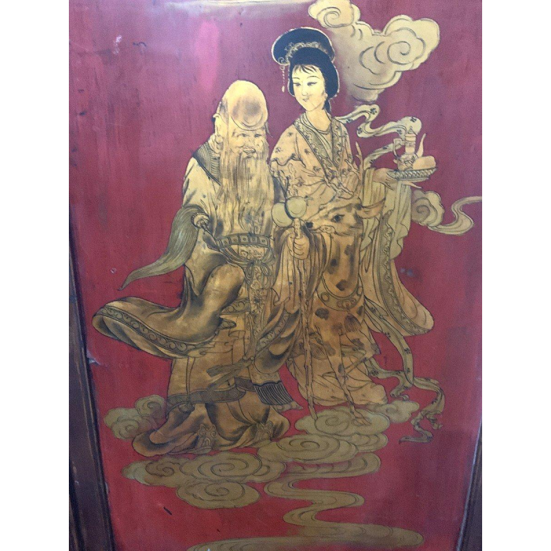 Dubbelzijdig Aziatisch kamerscherm, gesneden hout en beschilderd paneel, versierd met Chinese figuren, 20e eeuw