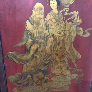Paravent asiatique double face, bois sculpté panneau peint, décor de personnages chinois, XX siècle