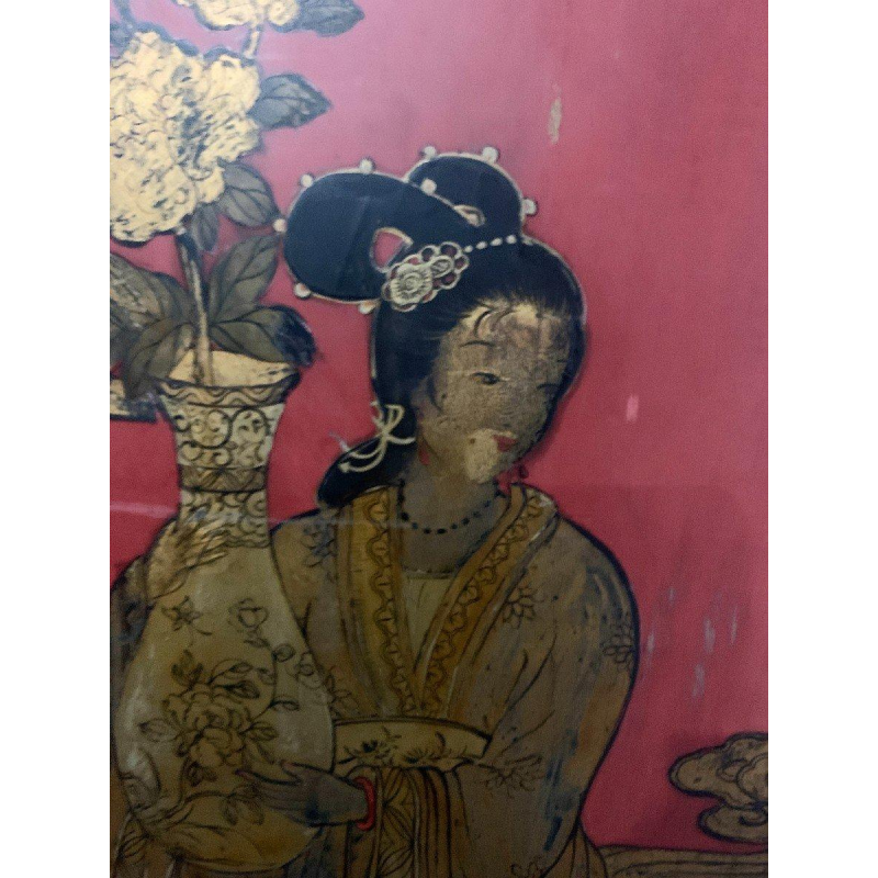 Paravent asiatique double face, bois sculpté panneau peint, décor de personnages chinois, XX siècle