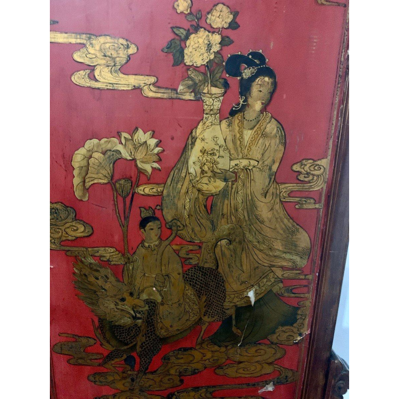 Dubbelzijdig Aziatisch kamerscherm, gesneden hout en beschilderd paneel, versierd met Chinese figuren, 20e eeuw