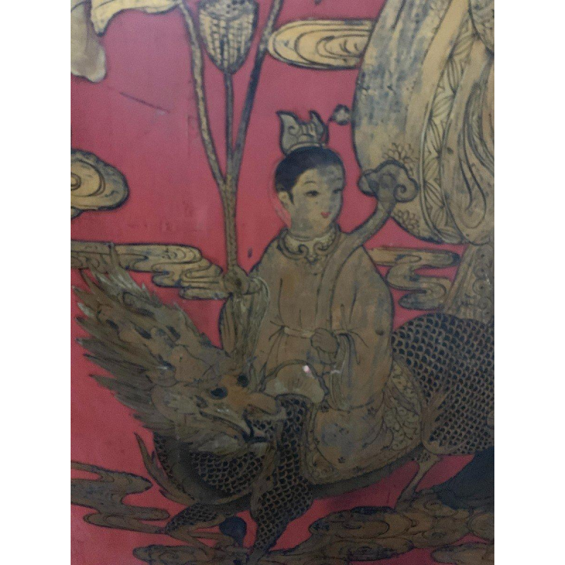 Paravent asiatique double face, bois sculpté panneau peint, décor de personnages chinois, XX siècle