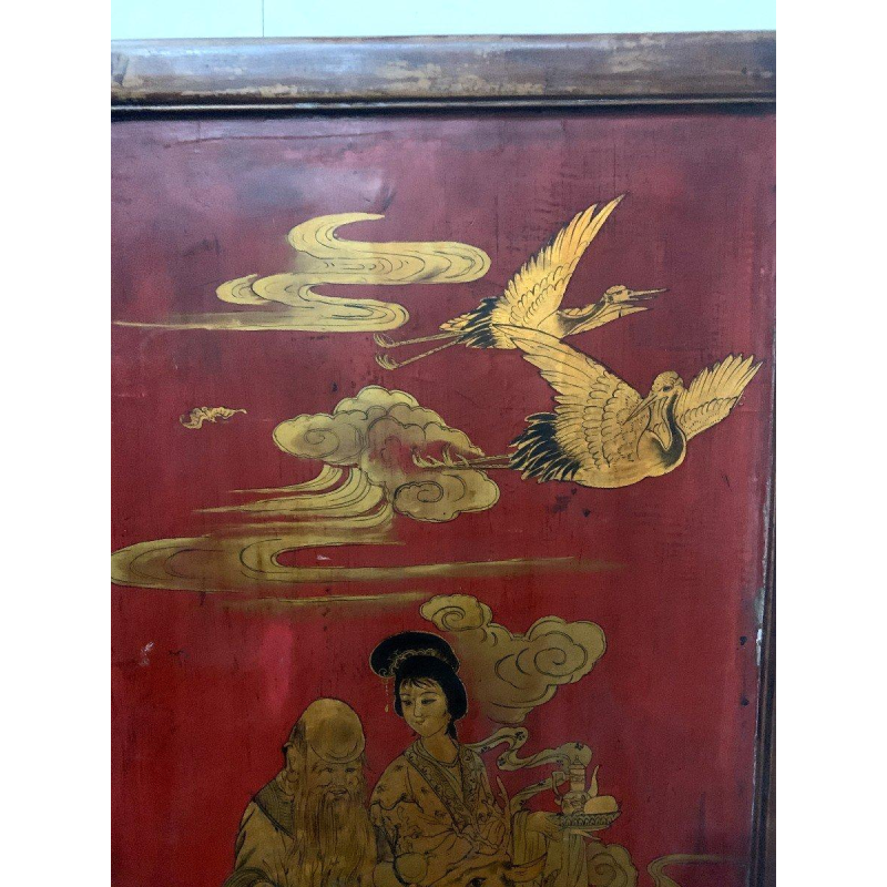 Dubbelzijdig Aziatisch kamerscherm, gesneden hout en beschilderd paneel, versierd met Chinese figuren, 20e eeuw