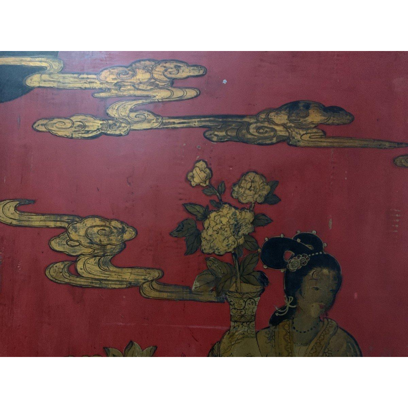 Double-sided Asian screen, carved wood and painted panel, decorated with Chinese figures, 20th century