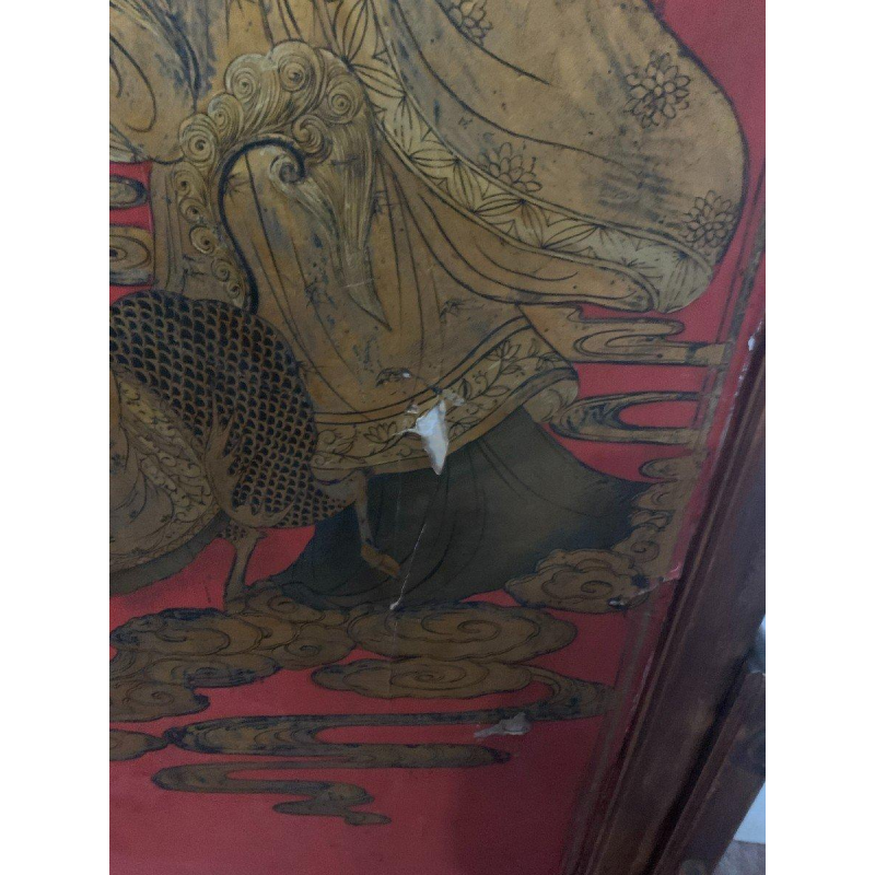 Dubbelzijdig Aziatisch kamerscherm, gesneden hout en beschilderd paneel, versierd met Chinese figuren, 20e eeuw