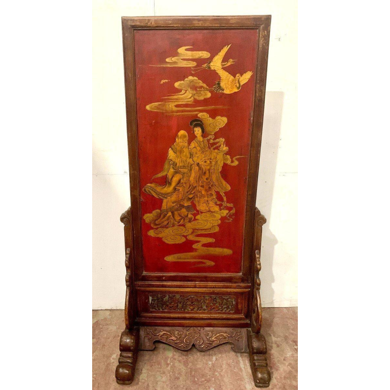 Double-sided Asian screen, carved wood and painted panel, decorated with Chinese figures, 20th century