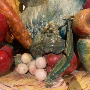 Trompe-l'œil bowl, marble basin with fruit and vegetables, slipware, 20th century