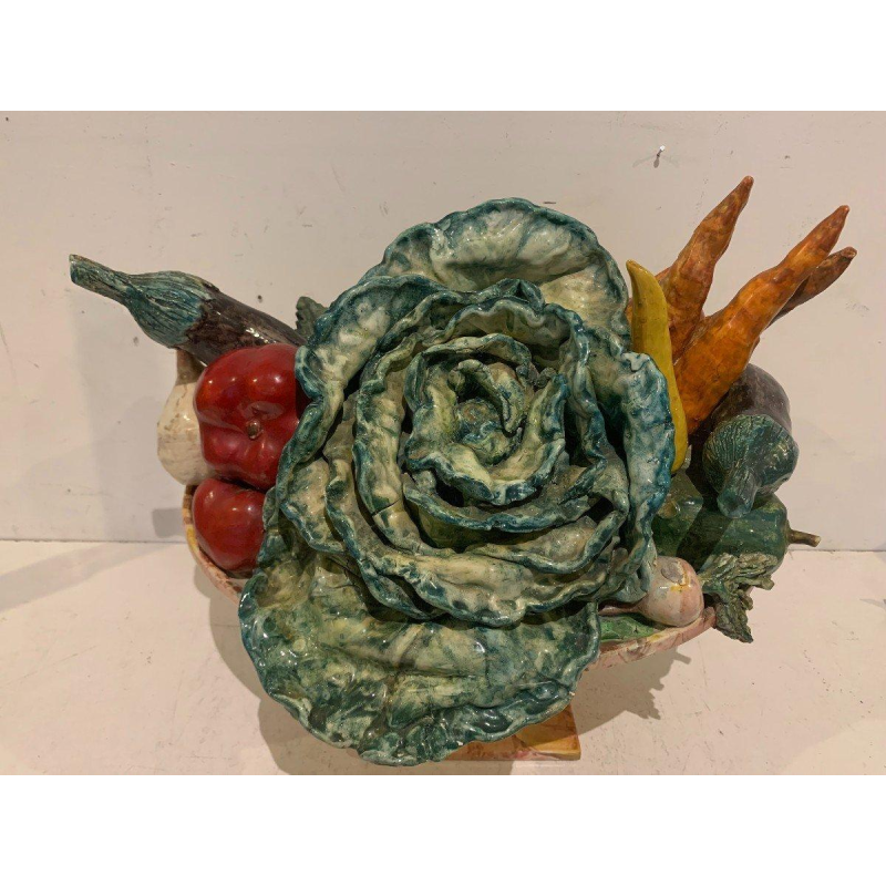 Trompe-l'œil bowl, marble basin with fruit and vegetables, slipware, 20th century