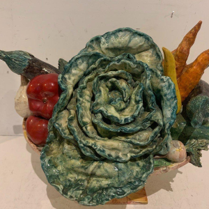 Trompe-l'œil bowl, marble basin with fruit and vegetables, slipware, 20th century