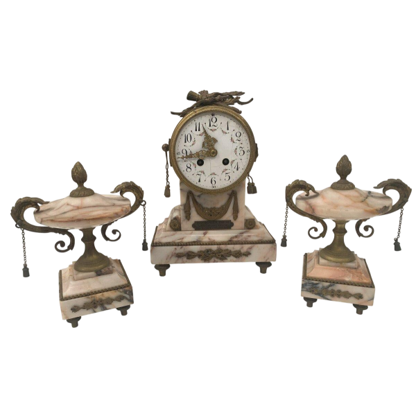 Three-piece mantel clock set, Louis XVI style, marble and chased bronze, early 20th century