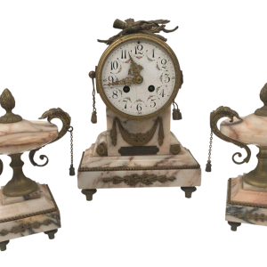 Three-piece mantel clock set, Louis XVI style, marble and chased bronze, early 20th century