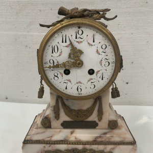 Three-piece mantel clock set, Louis XVI style, marble and chased bronze, early 20th century