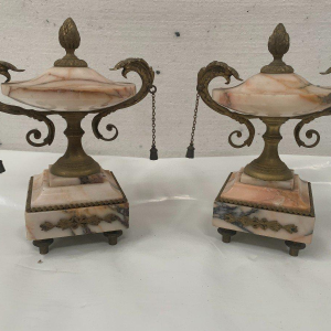 Three-piece mantel clock set, Louis XVI style, marble and chased bronze, early 20th century