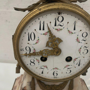 Three-piece mantel clock set, Louis XVI style, marble and chased bronze, early 20th century