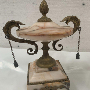 Three-piece mantel clock set, Louis XVI style, marble and chased bronze, early 20th century