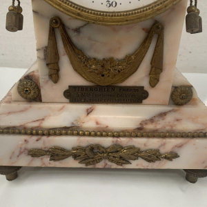 Three-piece mantel clock set, Louis XVI style, marble and chased bronze, early 20th century