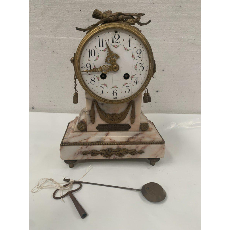 Three-piece mantel clock set, Louis XVI style, marble and chased bronze, early 20th century