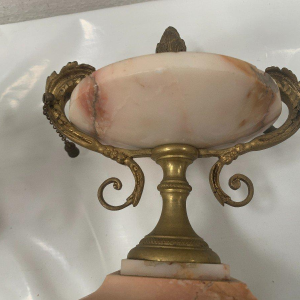 Three-piece mantel clock set, Louis XVI style, marble and chased bronze, early 20th century