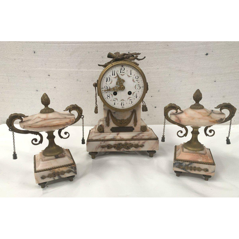 Three-piece mantel clock set, Louis XVI style, marble and chased bronze, early 20th century