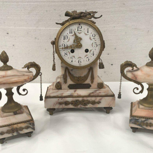 Three-piece mantel clock set, Louis XVI style, marble and chased bronze, early 20th century